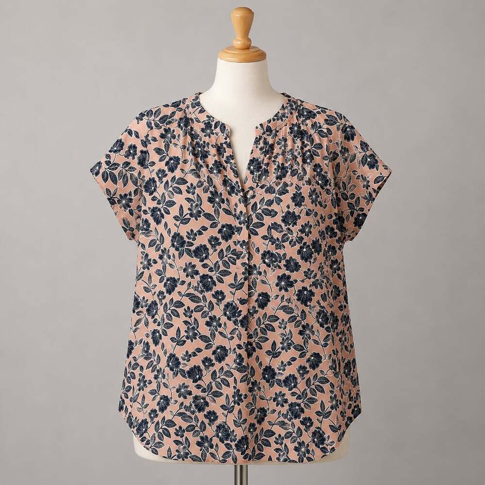 Liz Claiborne Women’s XXL Pink Navy Floral Blouse Split Neck Short Sleeve Top